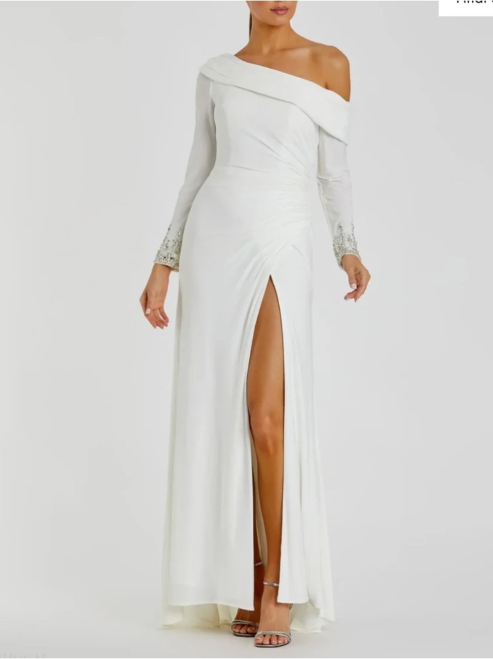 NWT Mac Duggal White Beaded Cuff Drop Shoulder Faux Wrap Gown